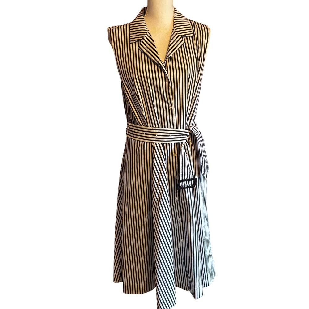 Tahari Black White Striped Sleeveless Maxi Shirt Dress Preppy Quiet Luxury XL